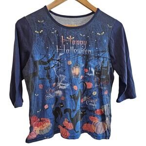 Vintage Halloween Baby Tee Womens Size Med Blue Cats Pumpkins Y2K Spooky Retro